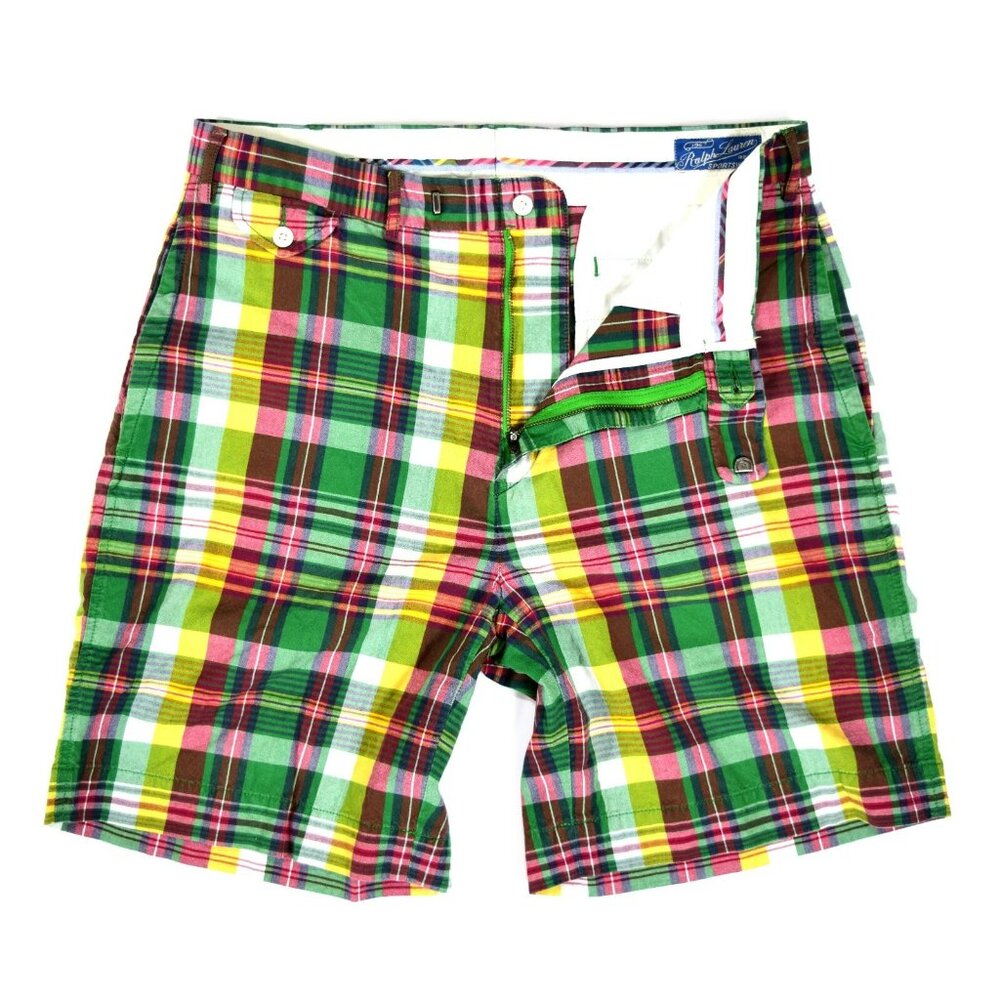 POLO RALPH LAUREN Vintage Multi-Color Flat Front Plaid Chino Shorts Men's Sz 34‎